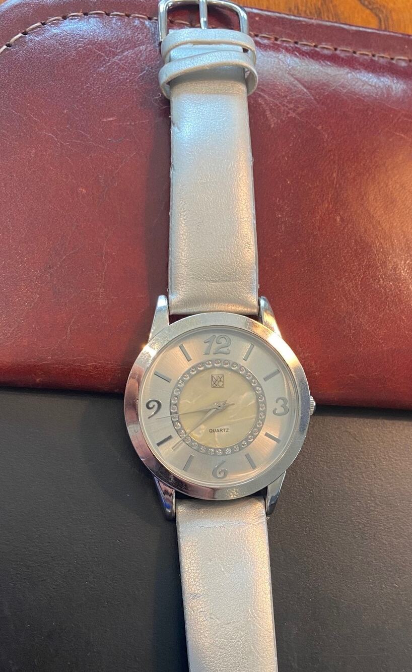 Women's 37mm NY&C Watch, MOP Face, Crystal Accents, Silver Band